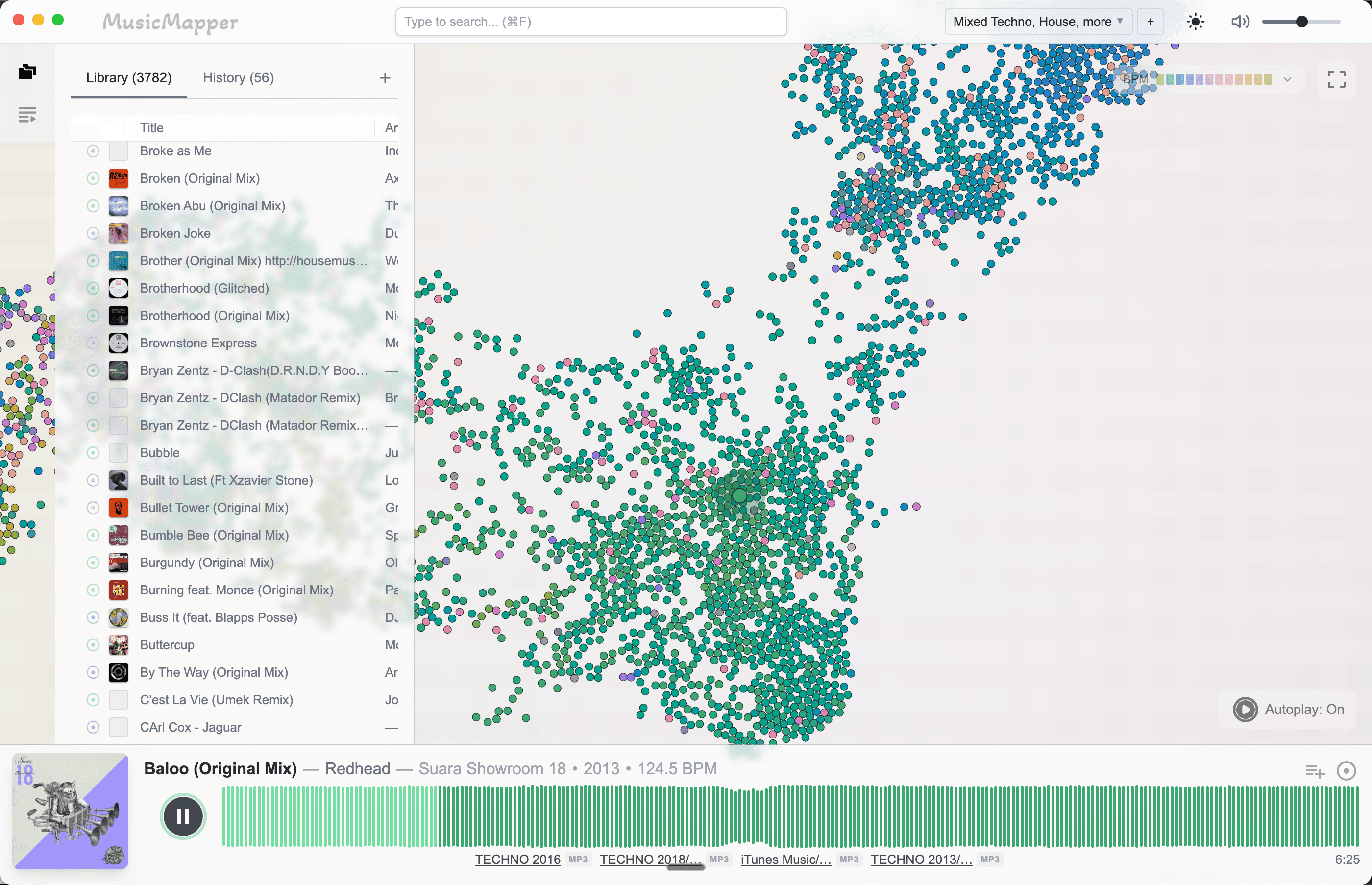 MusicMapper app overview showing the library, map view, and player interface.