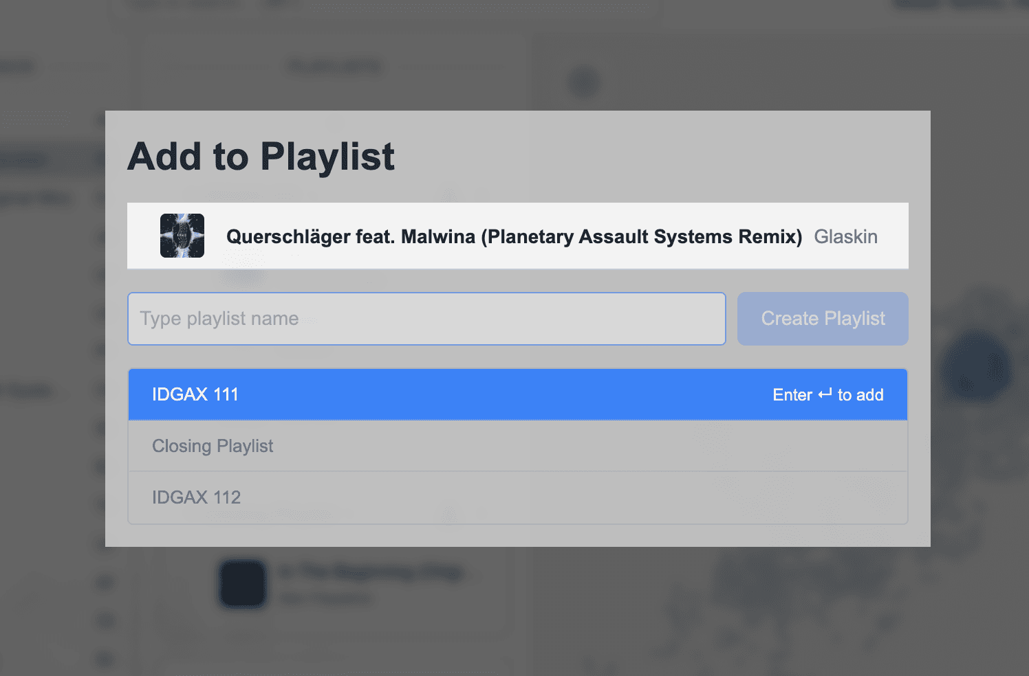 MusicMapper playlist workflow, zoomed in on creating and adding tracks to playlists.