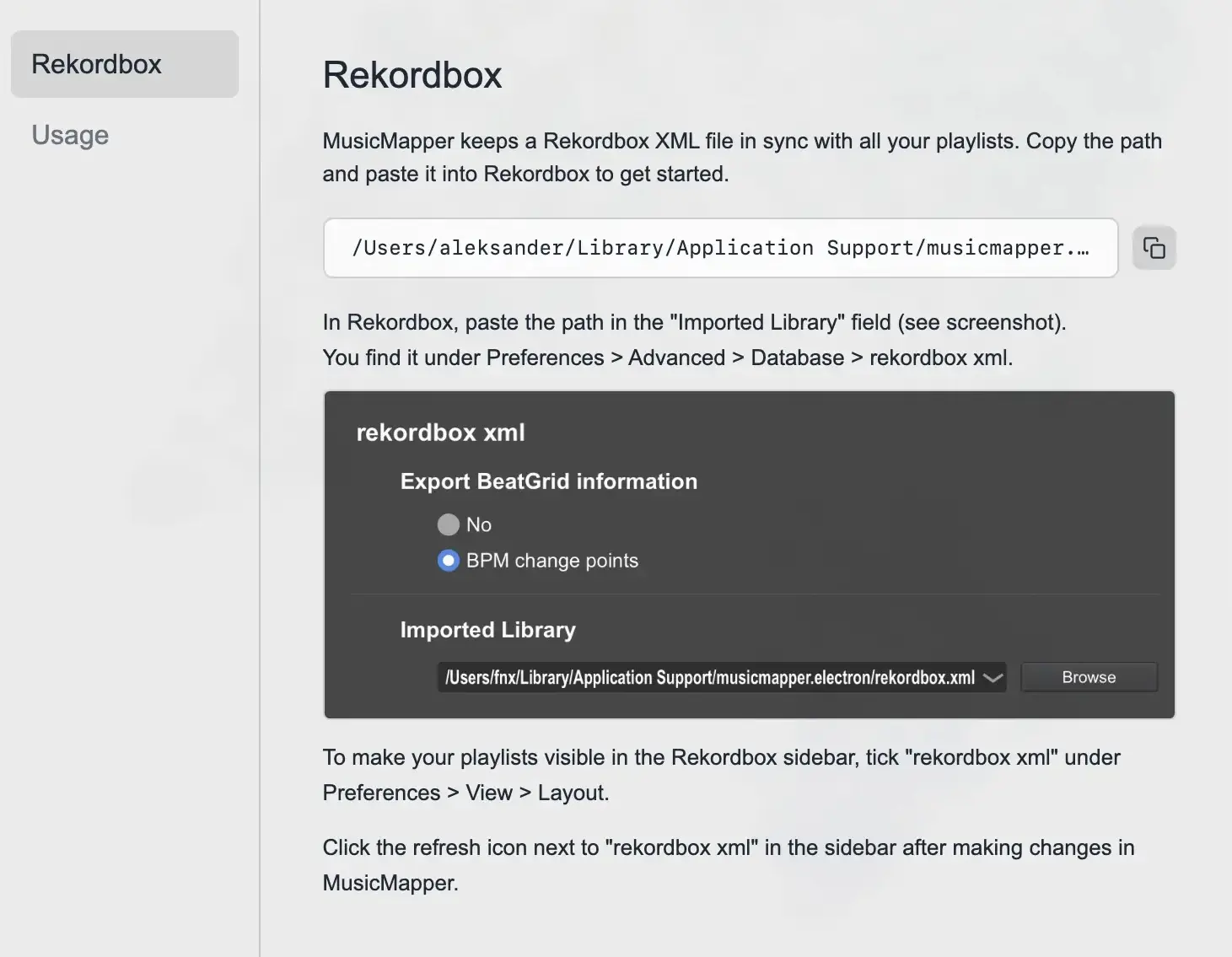 MusicMapper Rekordbox integration settings showing playlist import and automatic playlist updates in Rekordbox